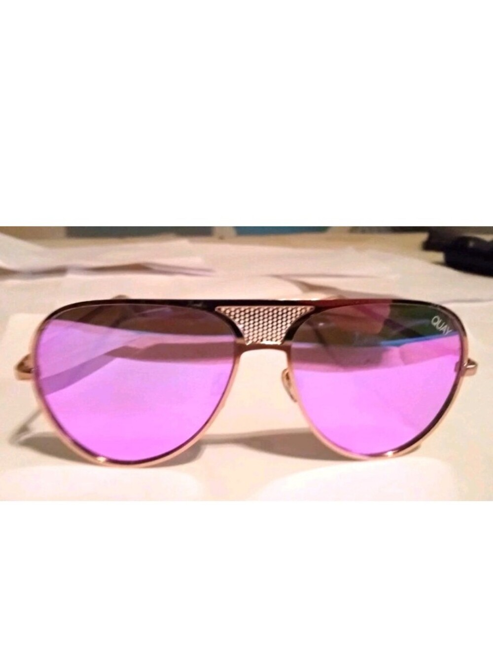 Quay Australia ICONIC 126 Aviator Sunglasses Gold Metal Frame Purple Tinted Lens